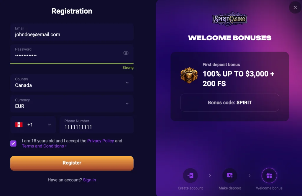 Spirit Casino Sign Up Window